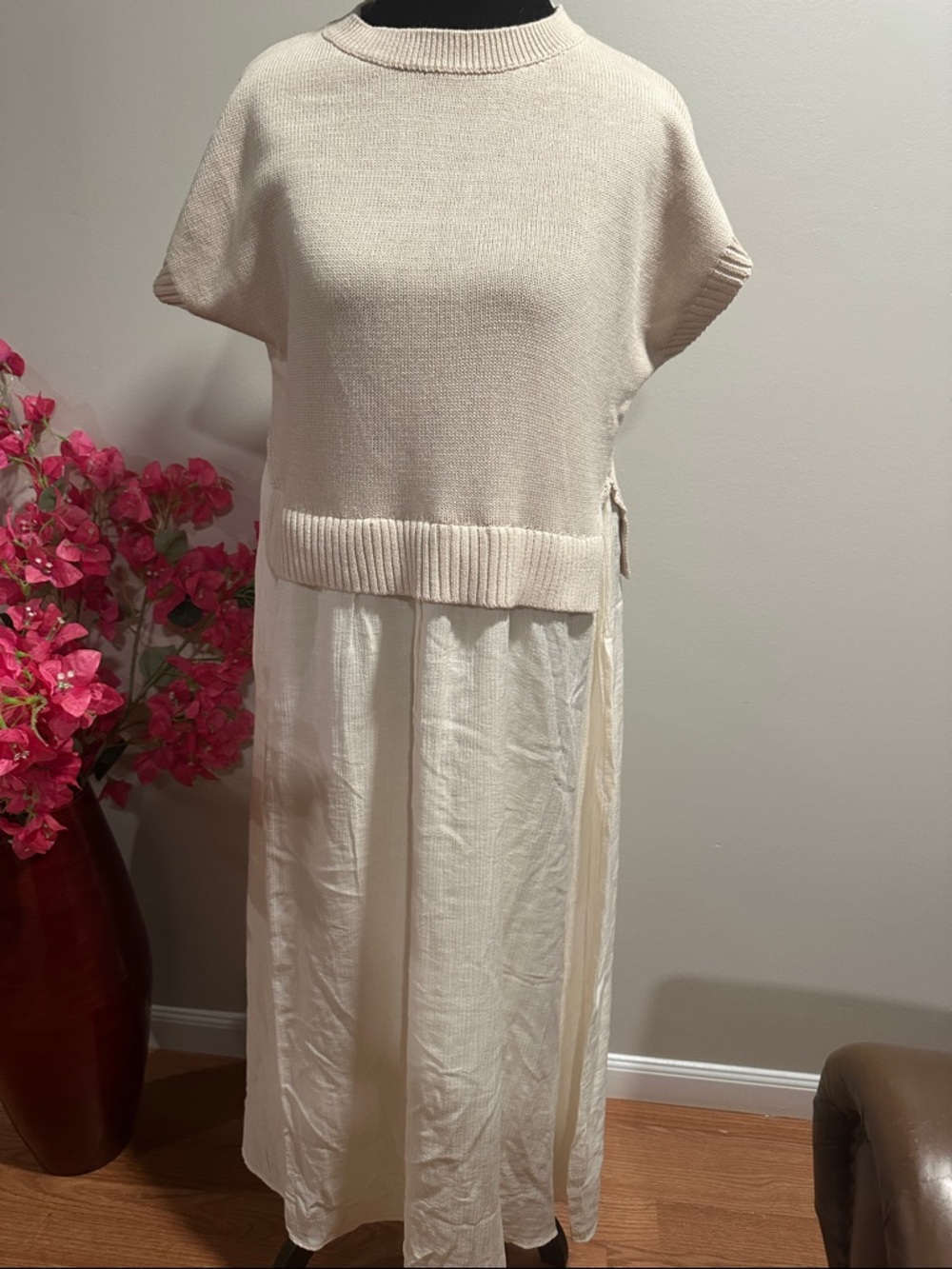 Cream Knit Overlay Maxi Dress
